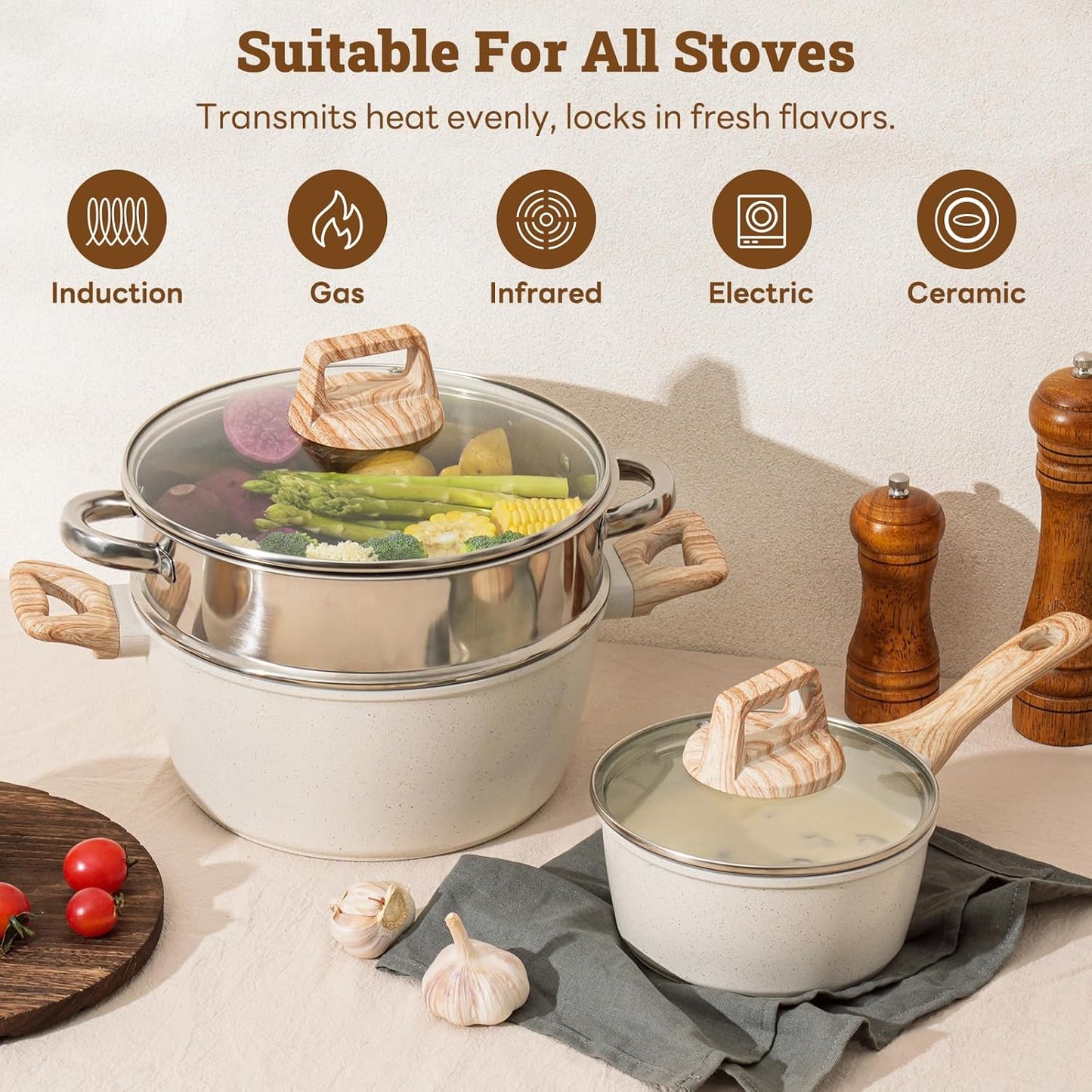 17 Pcs Pots and Pans Set Non stick，Cookware Sets White Granite Induction Cookware, Non-toxic Healthy Non Stick Kitchen Cooking Set with Frying Pans Set, Saucepans (PFAS, PFOA, PFOS Free) White