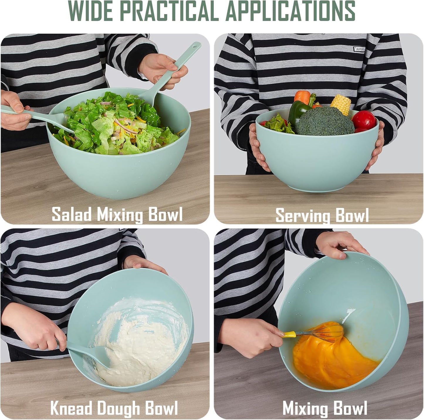 11.3" Extra Large Salad Bowl with Wooden Lid & Servers, 208Oz, Oversized Bamboo Fiber Salad Serving Set with Utensils for Home/Kitchen, Big Lightweight Bowl for Mixing Salad,Fruit,Pasta - Turquoise