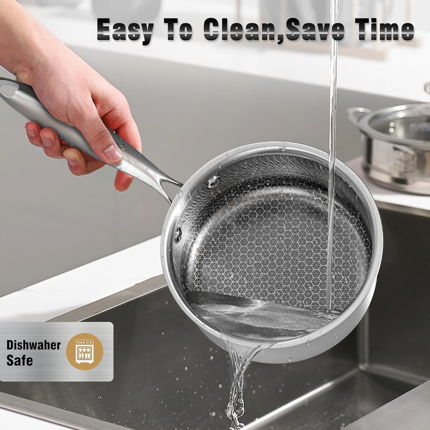 AuFranc™ Hybrid Nonstick 2 Quart Stainless Steel Saucepan with Glass Lid, Induction Sauce Pan with Honeycomb Carving, Non-stick Sauce Pot Compatible with All Cooktops, Dishwasher Safe, Non-Toxic