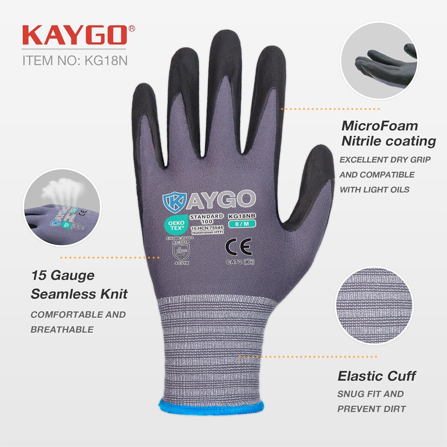 KAYGO Safety Work Gloves MicroFoam Nitrile Coated, 12 Pairs KG18NB,Seamless Knit Nylon Glove for Men and Women, Ideal for Automotive,Warehouse,Construction (X-Large,Gray)
