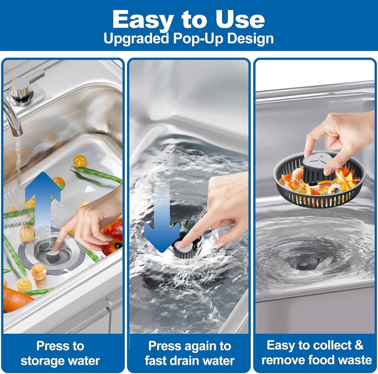 3 in 1 Universal Kitchen Sink Drain Strainer Stopper–304 Stainless Steel & Silicone Anti-Clog Basket,3-Layer Leak-Proof Ring for 3.5”US Standard Drains,Easy-Clean,Odor Isolation,No Installation