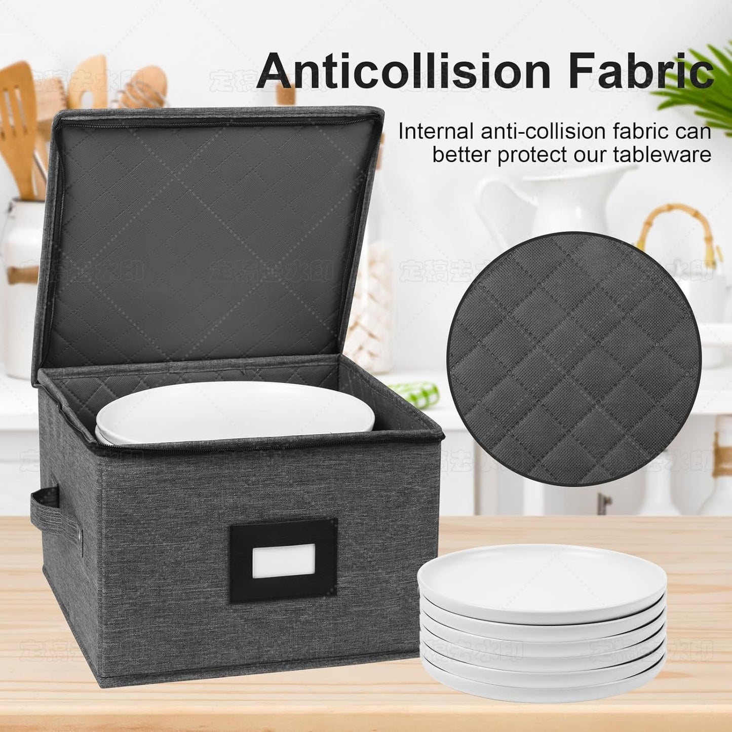 Mayniu China Storage Containers Hard Shell, 12" Plate Storage Containers for Dishes, Stackable Dinnerware Storage with 24 Felt Dividers (2 Pack Black)