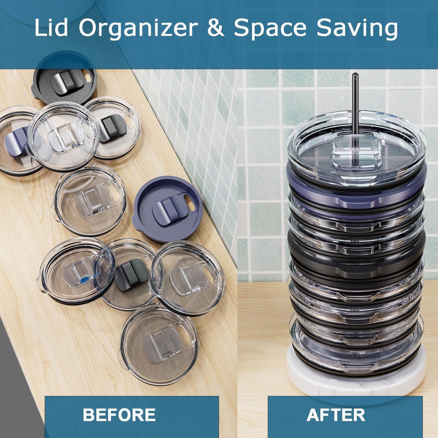 Tumbler Lid Organizer with Marble Base for Stanley /Yeti Tumbler,Space-saving Vertical Cup Lid Stacker Storage Design for Up to 10 Lids,Clutter-Free Kitchen Cabinets and Countertops (Black)