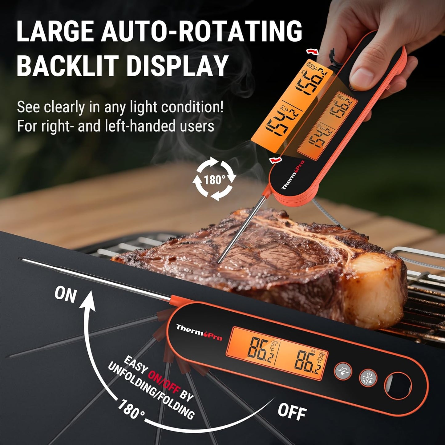 ThermoPro 2 Probes Meat Thermometer with Alarm, Rechargeable Instant Read Food Thermometer, Rotating LCD Screen, Waterproof Cooking Thermometer for Grilling, Smoker, BBQ, Oven