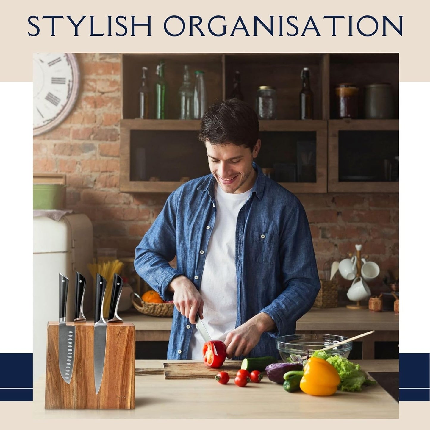 Magnetic Knife Holder, Acacia Wood Double-Sided Magnetic Knife Block - Knife Stand - Strong Magnets - Universal Size - Minimalist Modern Style by BAASK