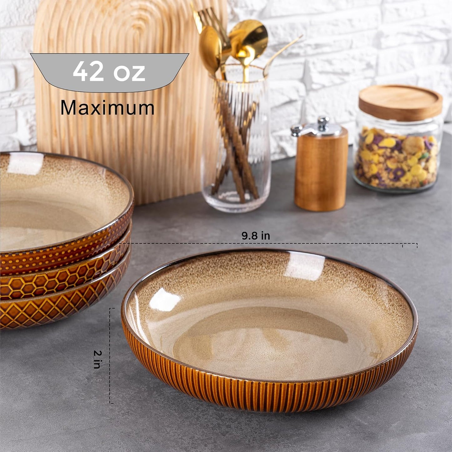 GBHOME 9.5'' Large Pasta Bowls, 42 Ounce Stoneware Salad Bowls for Kitchen, Ceramic Serving Bowls With Textured Pattern for Pasta,Fruit, Stews,Noodle, House-warming Gift, Set of 4-Caramel