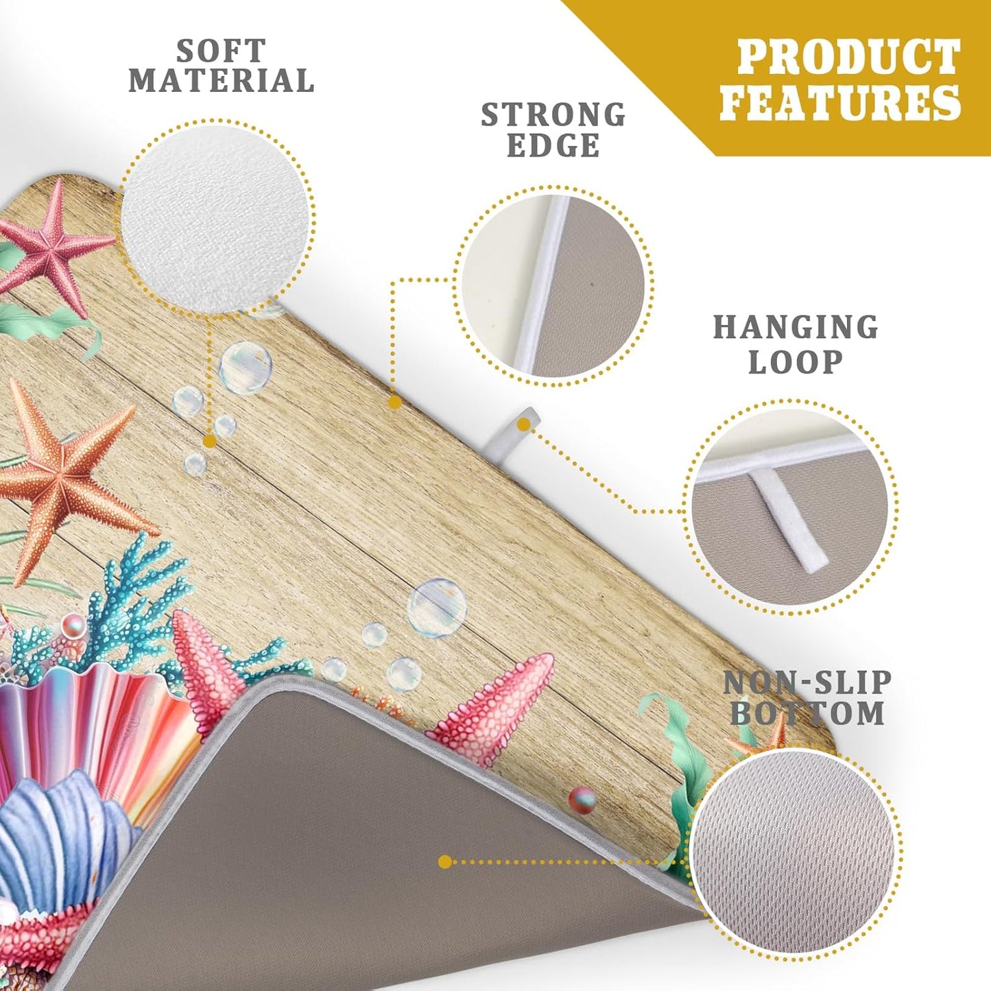 Summer Beach Dish Drying Mat - Seashells Starfish Absorbent Drying Matt Kitchen Counter for Home Decor