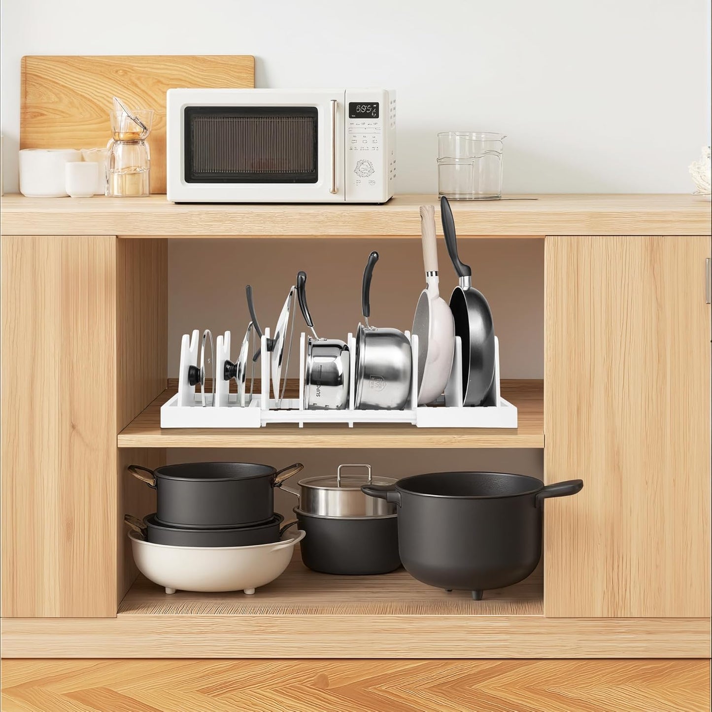 MinBoo Bamboo Expandable Pot Lid Organizer Pot Lid Holder, Pot and Pan Organizer Drawer Organizer for Pot Lids, Adjustable Dividers for Kitchen Cabinet Organizers and Storage,White,Large