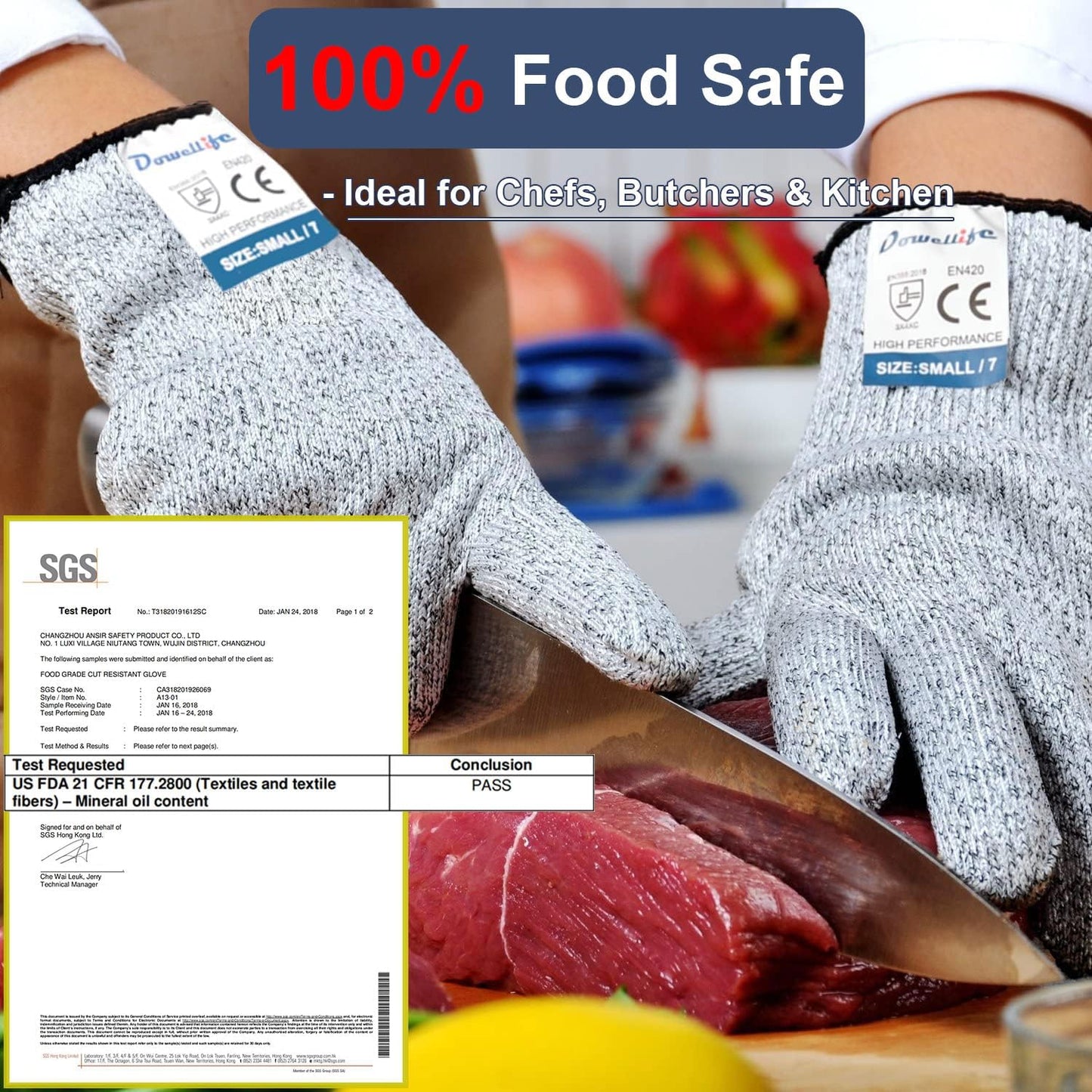 Dowellife Cut Resistant Gloves Food Grade Level 5 Protection, Safety Kitchen Cuts Gloves for Oyster Shucking, Fish Fillet Processing, Mandolin Slicing, Meat Cutting and Wood Carving. (Medium-2 Pairs)
