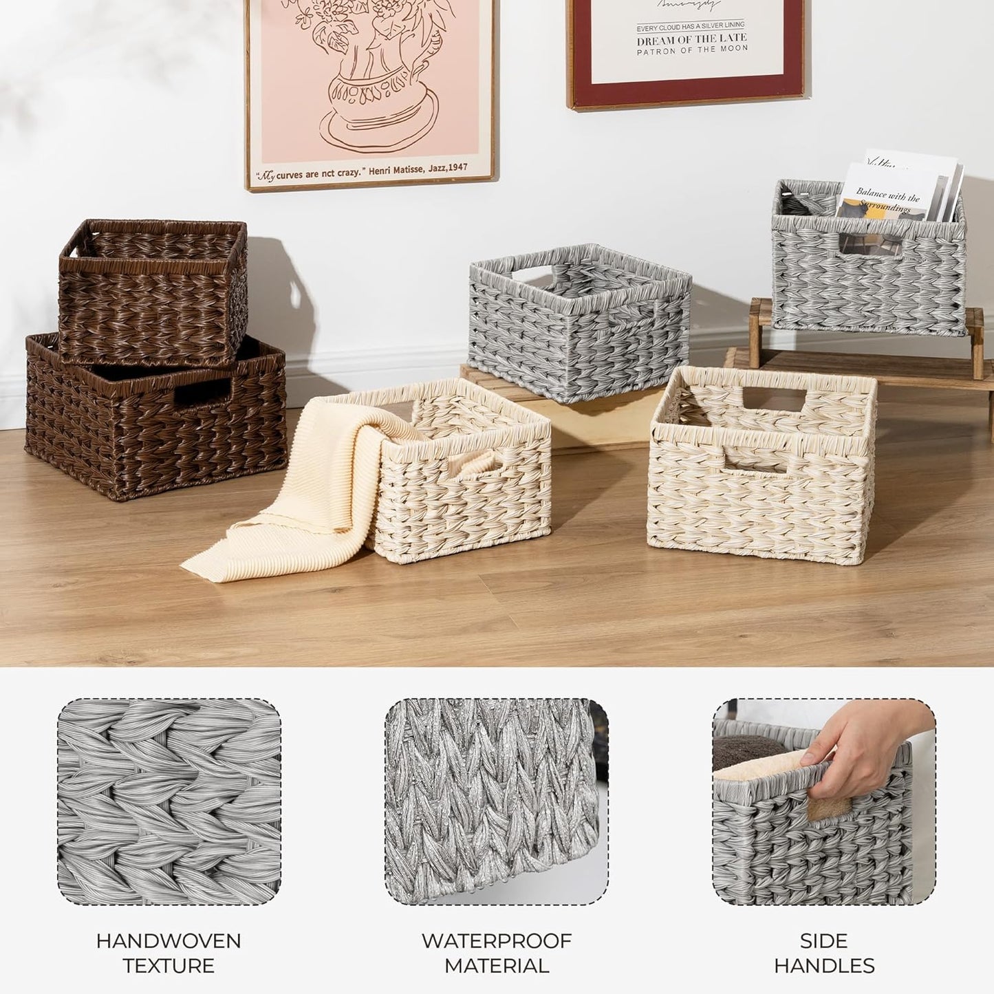 GRANNY SAYS Wicker Baskets for Organizing, Storage Basket for Shelves, Square Shelf Baskets with Handles, Waterproof Woven Basket for Living Room, Baskets for Entryway, Grey