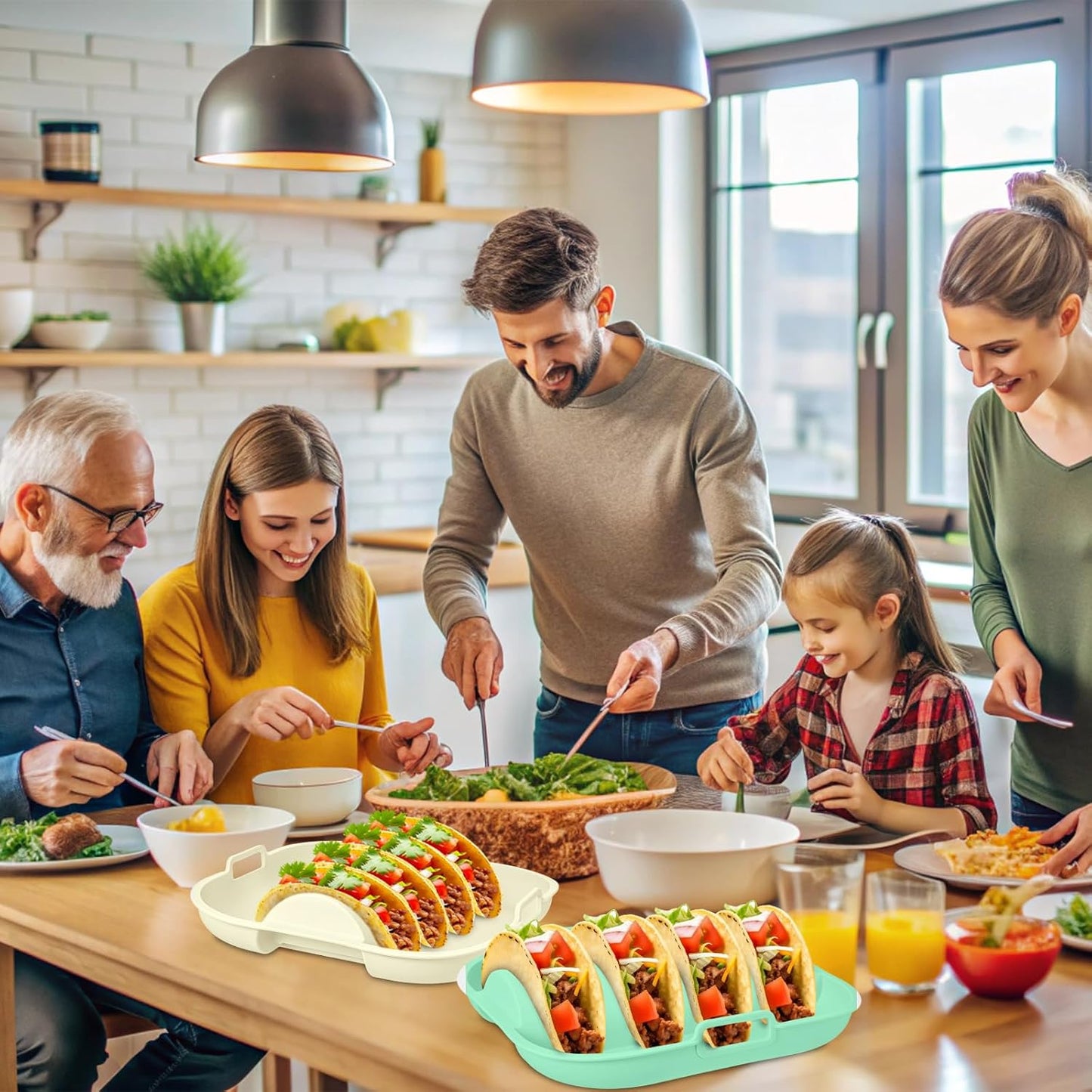 Remerry Silicone Taco Holder Plates Set of 2 Colorful Reusable Taco Holder with 4-Shell Slots for Hard/Soft Serving Plates Dishwasher Microwave Family Dinner Tortillas Party Serving (Green, White)