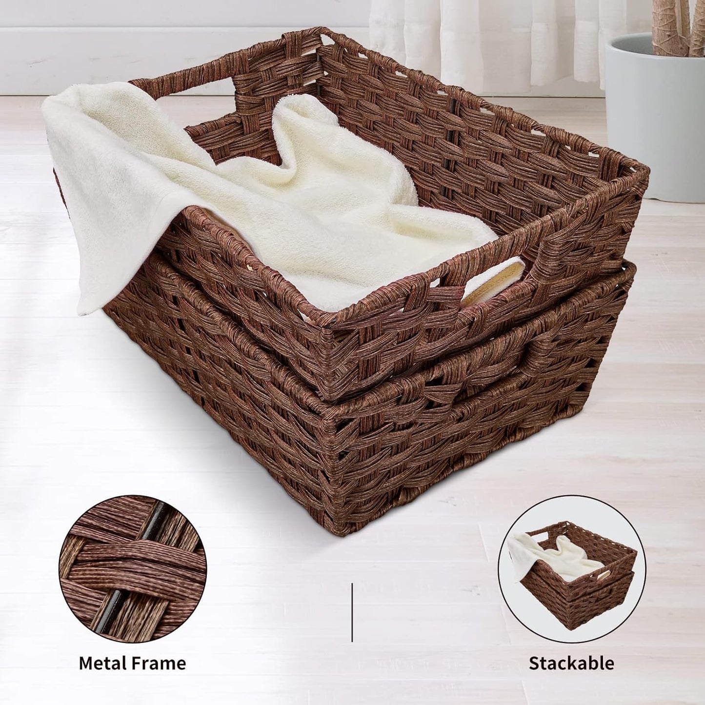 Large Wicker Storage Basket, Metal Frame, Set of 2, Washable Waterproof, 15" x 10.3" x 5.2", Brown Color, Woven Basket for Pantry, Toilet, Bathroom, Bedroom, Patio