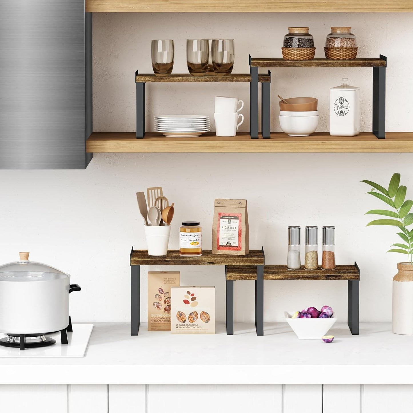 Kitchen Cabinet Organizers and Storage Shelves, Rustic Farmhouse Desk Shelf Riser for Cabinets, Black Expandable Corner Glasses Medicine Cabinet Organizer under Bathroom Sink - Set of 4