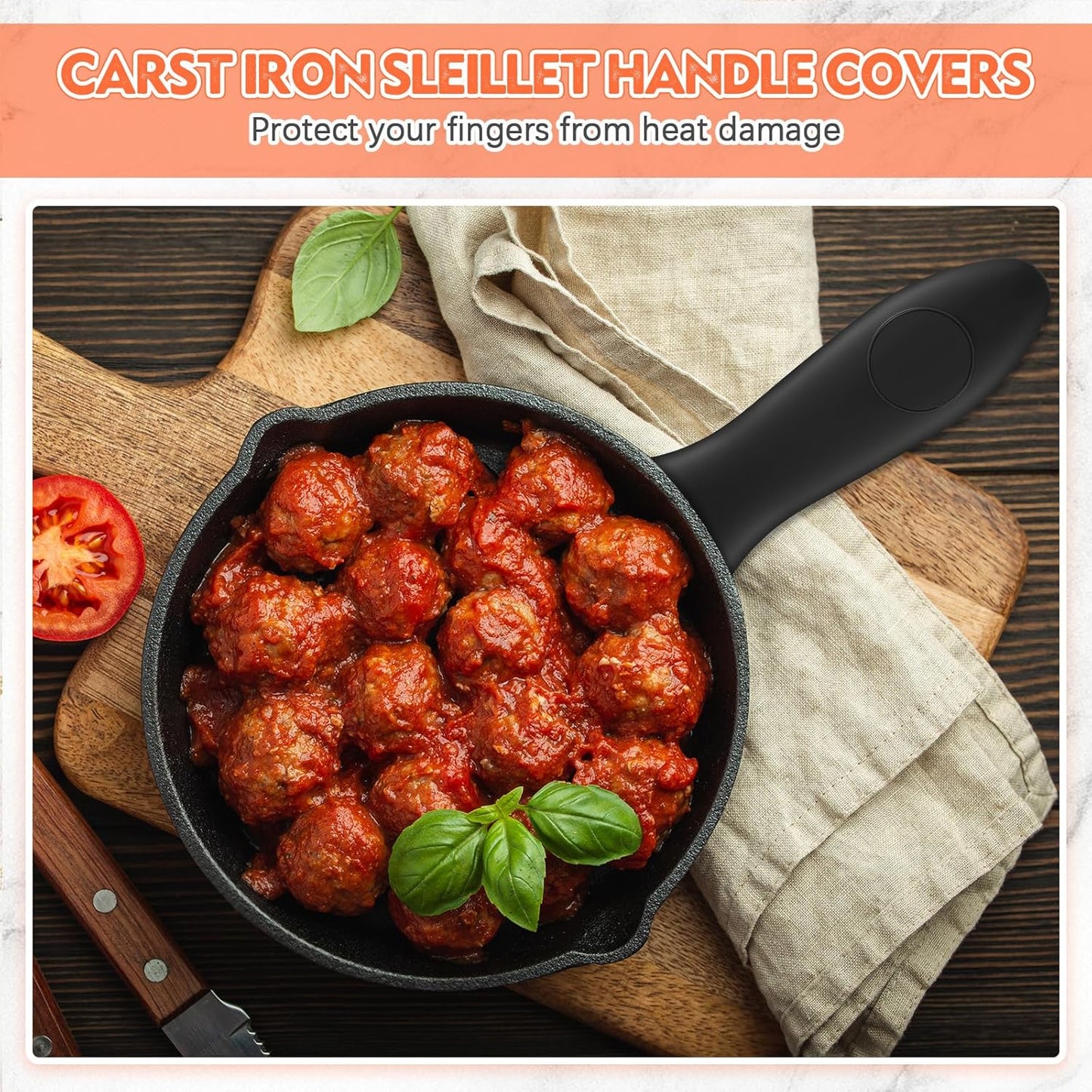 Domensi 4 Pcs Silicone Hot Handle Holder Set Cast Iron Skillet Handle Covers Heat Resistant Silicone Assist Handle Holder for Frying Pans Cast Iron Skillet Griddles Cookware(Black)