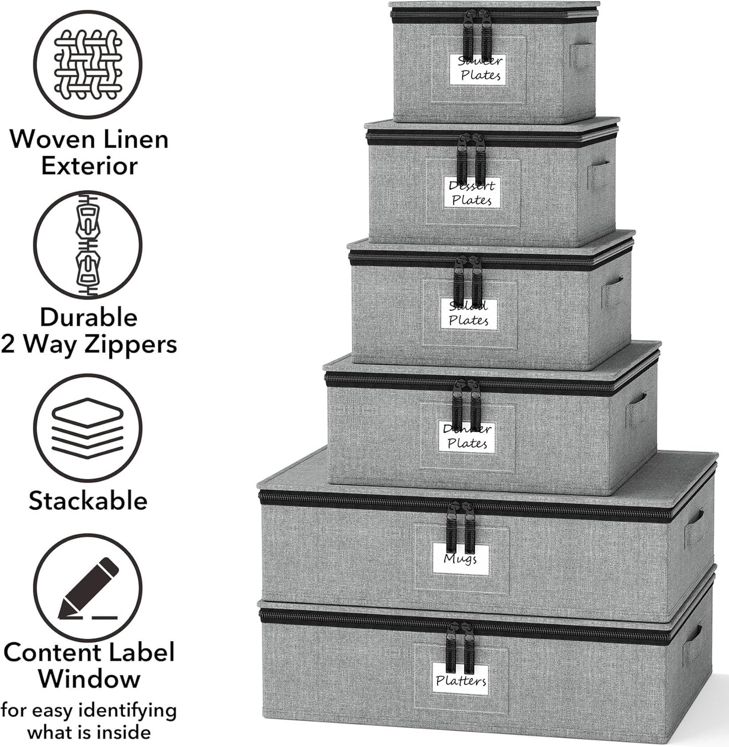 SpaceAid China Storage Containers 6 Pack, Stackable Hard Shell Quilted Cases with Soft Plate Separators, Moving Supplies Packing Boxes for Dishes, Plates, Platters, Mugs, Cups (Grey)