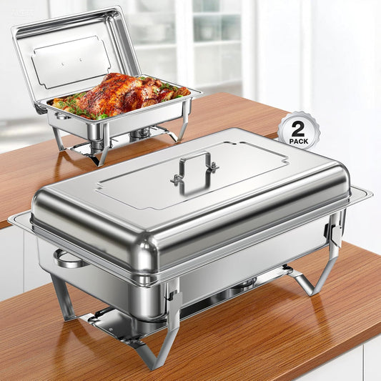 Chafing Dishes for Buffet (9QT, 2 Pack) - Easy Assembly, Food-Grade Stainless Steel Chafers for Catering w/Rolled Edge Design, Foldable Frame, for Party, Banquet (Full Size Food Pan)