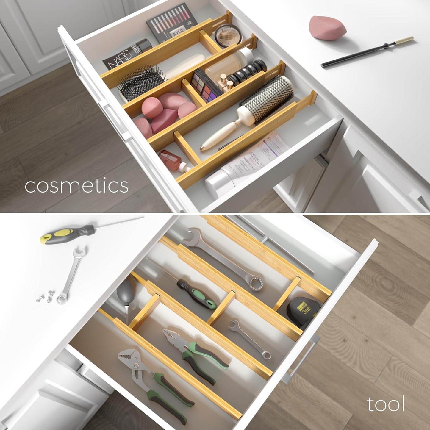 Adjustable Bamboo Drawer Dividers with Inserts, Expandable Spring-Loaded Drawer Organizer for Kitchen, Clothes, Tools, Silverware, Bamboo Organizer Separators - 4 Large Pieces