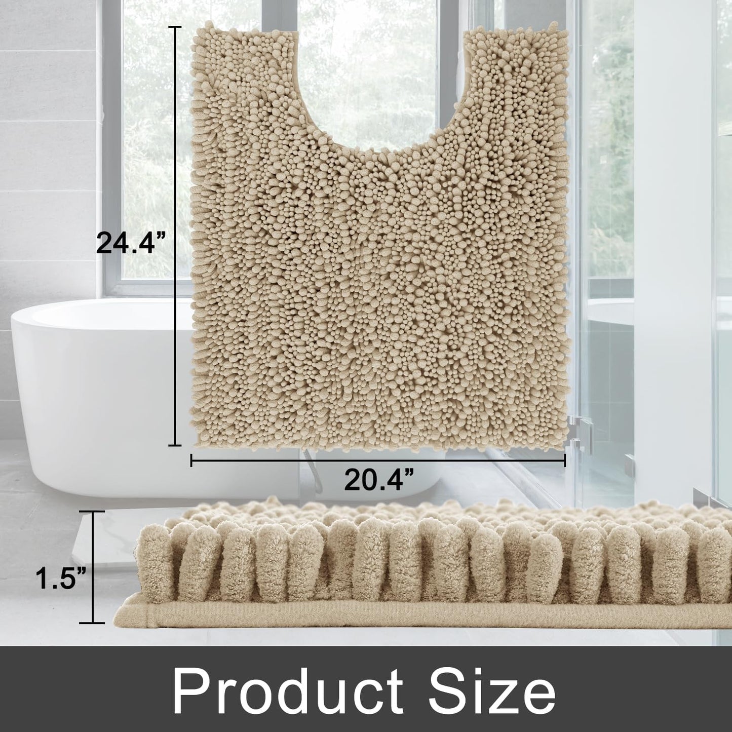 Yimobra Toilet Rug U Shaped Washable 24x20 Inch - Ultra Soft Absorbent Chenille Bath Rugs for Toilet, Quick Dry & Machine Washable, Non Slip Contour Bathroom Mat, Pale Khaki