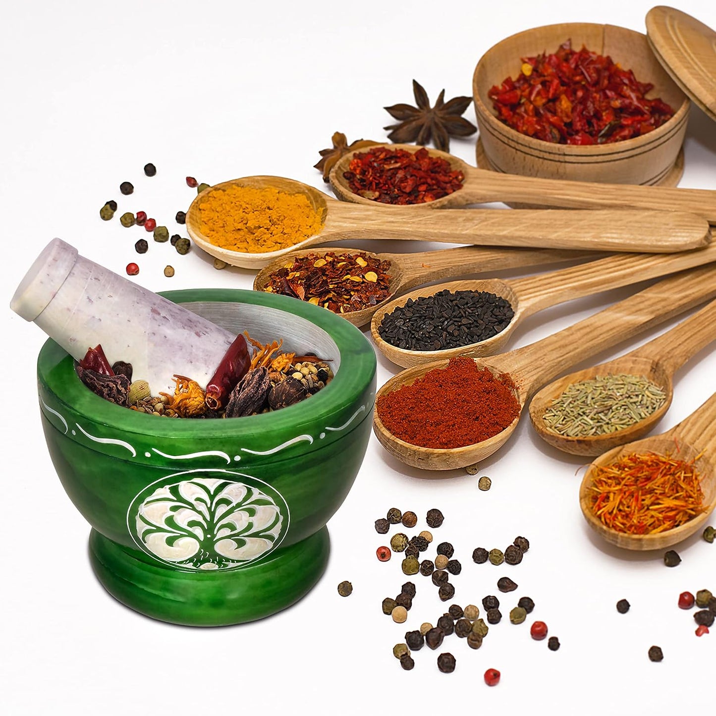 Mortar and Pestle, Made of Heavy Duty Polished Hard Stone, Natural Stone Grinder for Spices, Pastes, Herbs, Seasoning etc. (Green Tree of Life)