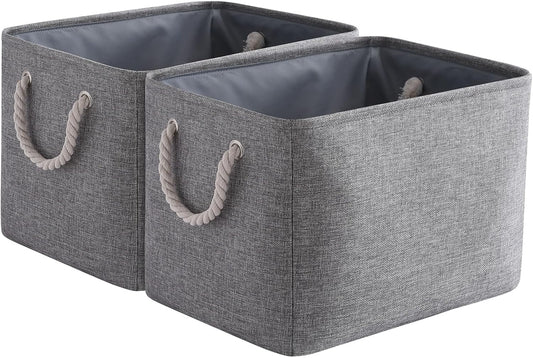 Storage Basket for Shelves - 17X15X12 inch 2 Pack Collapsible Storage Bin with Rope, Canvas Fabric Storage Cubes for Cloth Decorative Books Nursery (Grey)