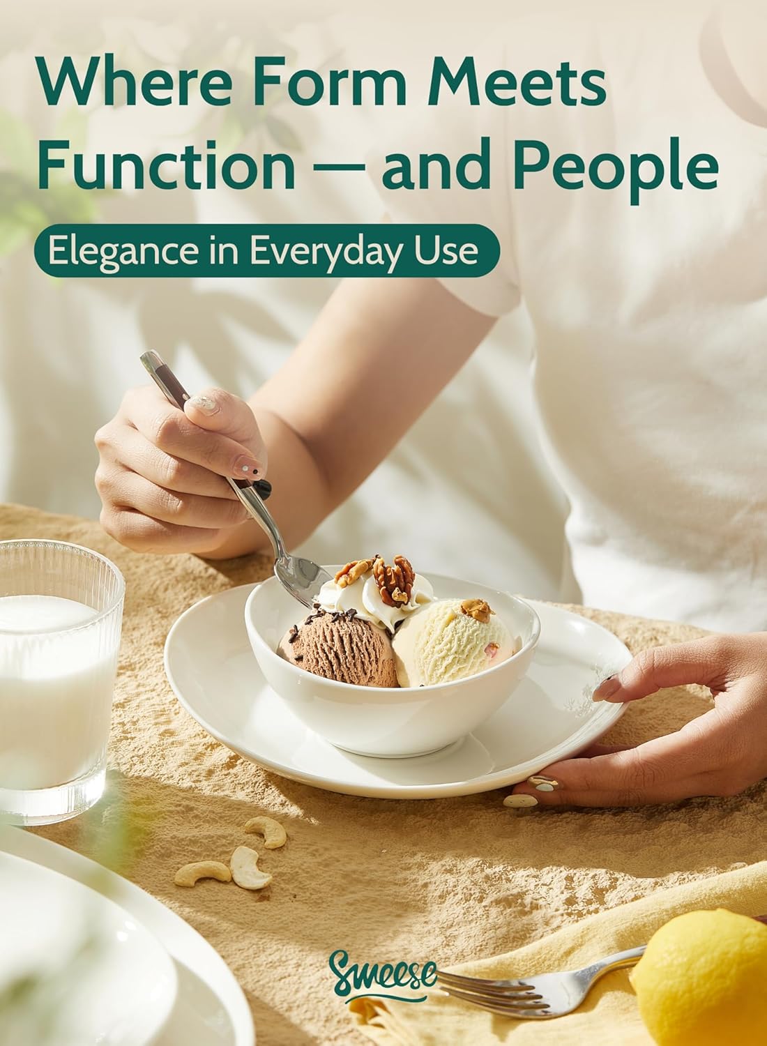 Sweese Porcelain Bowls Set - 6 Pack, 5 Inch, 10 oz for Desserts, Soup, Rice, Microwave Dishwasher Safe, White