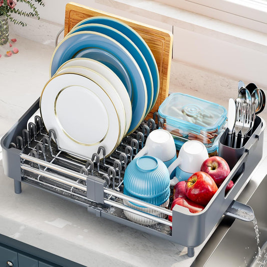 Stainless Steel Dish Drying Rack - Dish Drainer for Kitchen Counter, Extendable Drainboard with Foldable, Space-Saving Cup & Bowl Organizer, Includes Knife and Utensil Holder, Gray