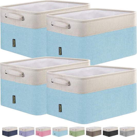 BALEINE 4 Pack Fabric Storage Bins for Shelves, Linen Storage Baskets for Organizing, Decorative Closet Bins for Clothes, Home (Skyblue, 15''x11''x9.5'')