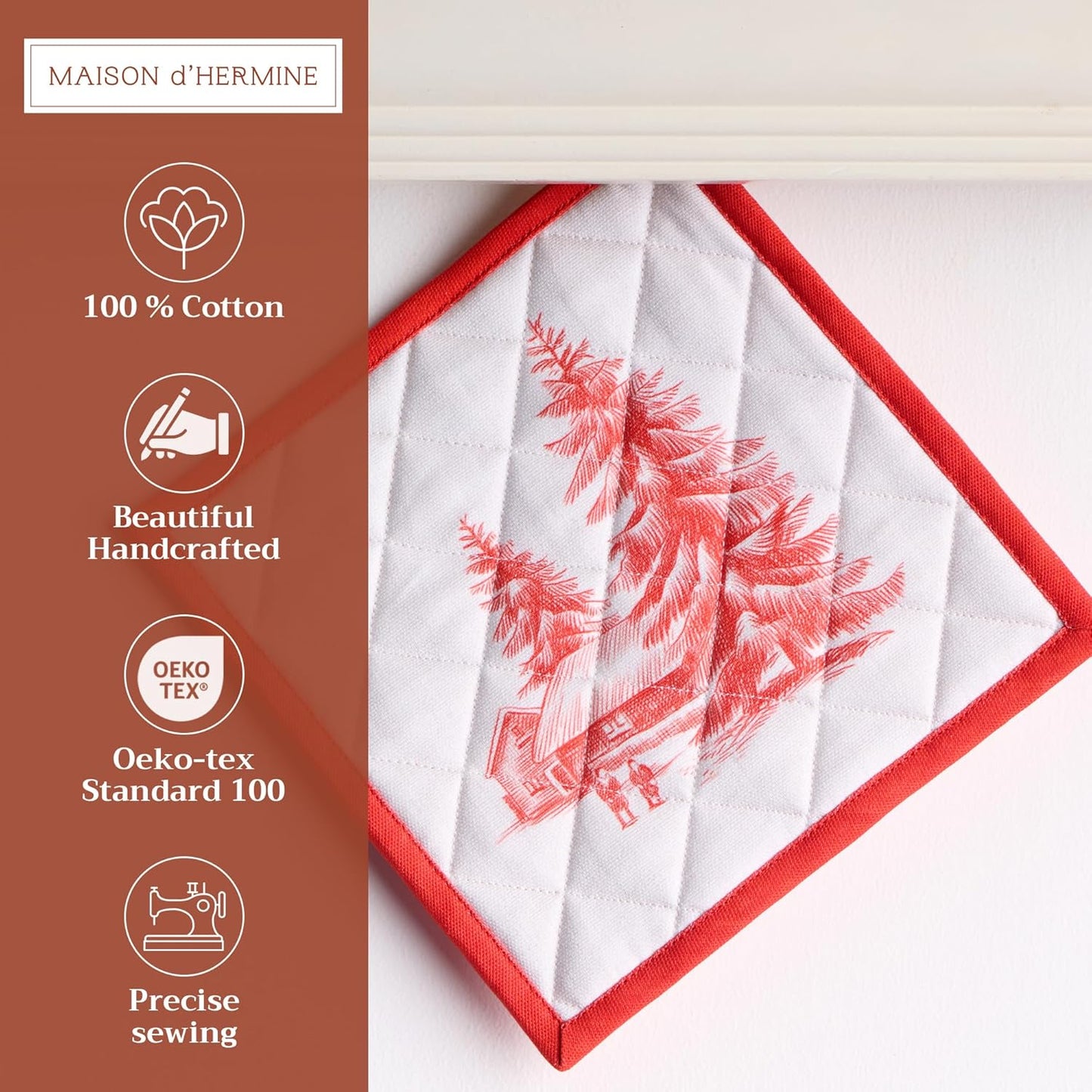 Maison d' Hermine Pot Holders Set 100% Cotton Heat Resistant Potholders 8" x 8" Hot Pads with Loop BBQ, Cooking, Baking, Grilling, Kitchen, Handling Hot Pans (Pack of 2, Winter Jouy)