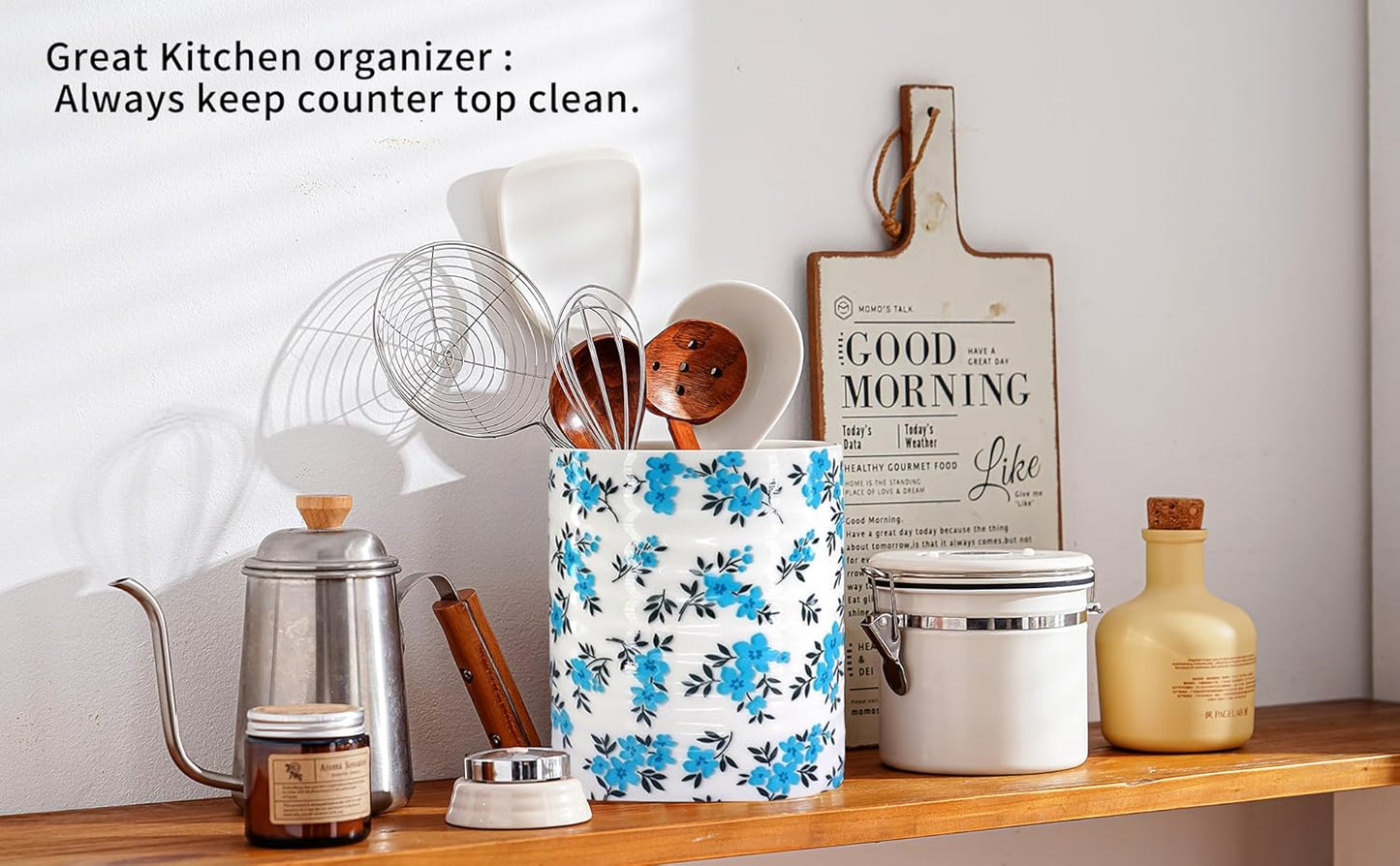 Kitchen Utensil Holder,7.2″Extra Large Stable Pattern Ceramic Utensil Crock,Utensil Organizer for Countertop,Kitchen Decor,Utensil Holder for Housewarming,Wedding Gift (Teal Blue)