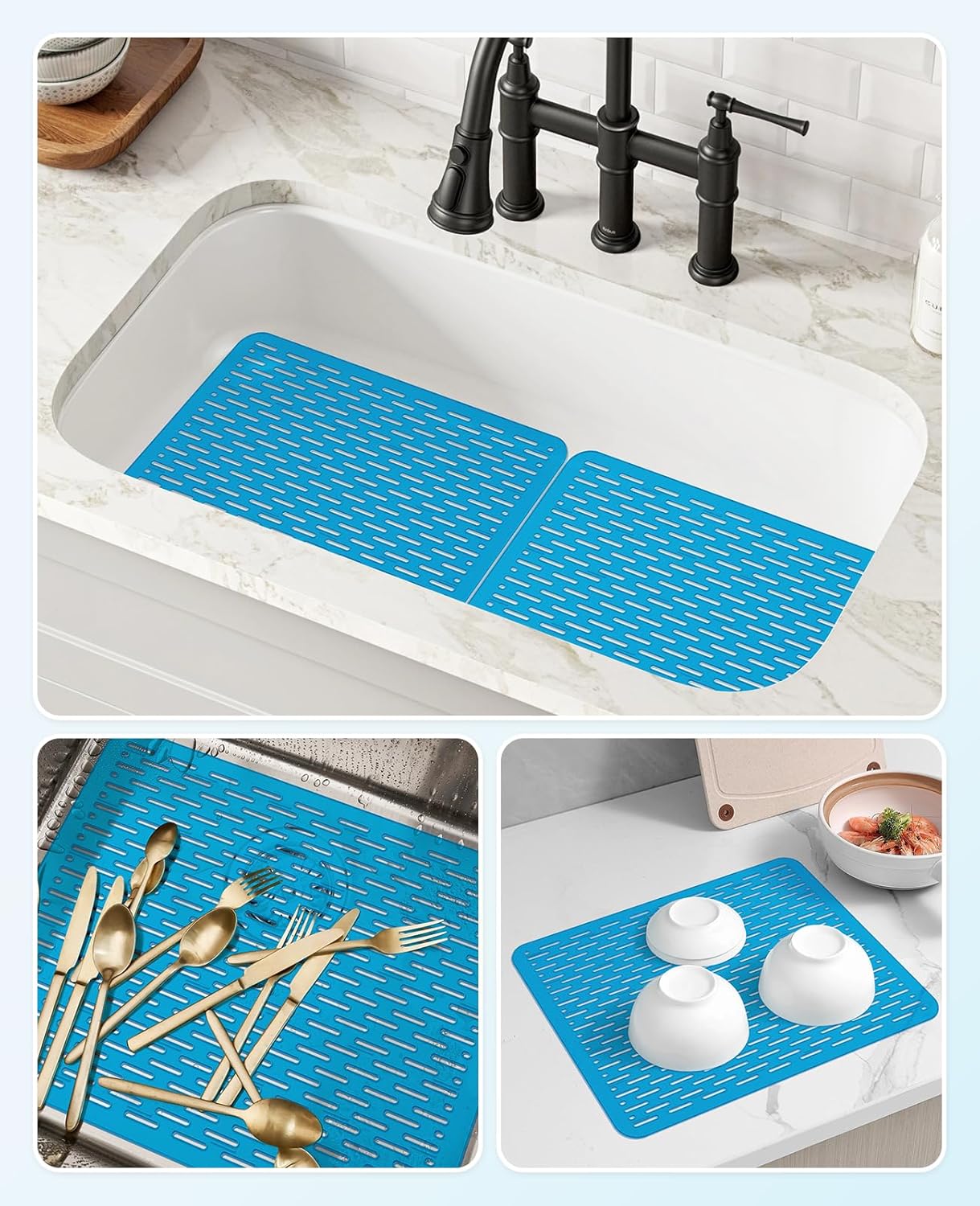 Bligli Mesh Sink Mat, 15.7 x 11.8inch Sink Prtector Mats for Kitchen Sinks, PVC Eco-Friendly Sink Protectors for Bottom of Sink, Fast Draining, Easy Cleaning, Clear Blue