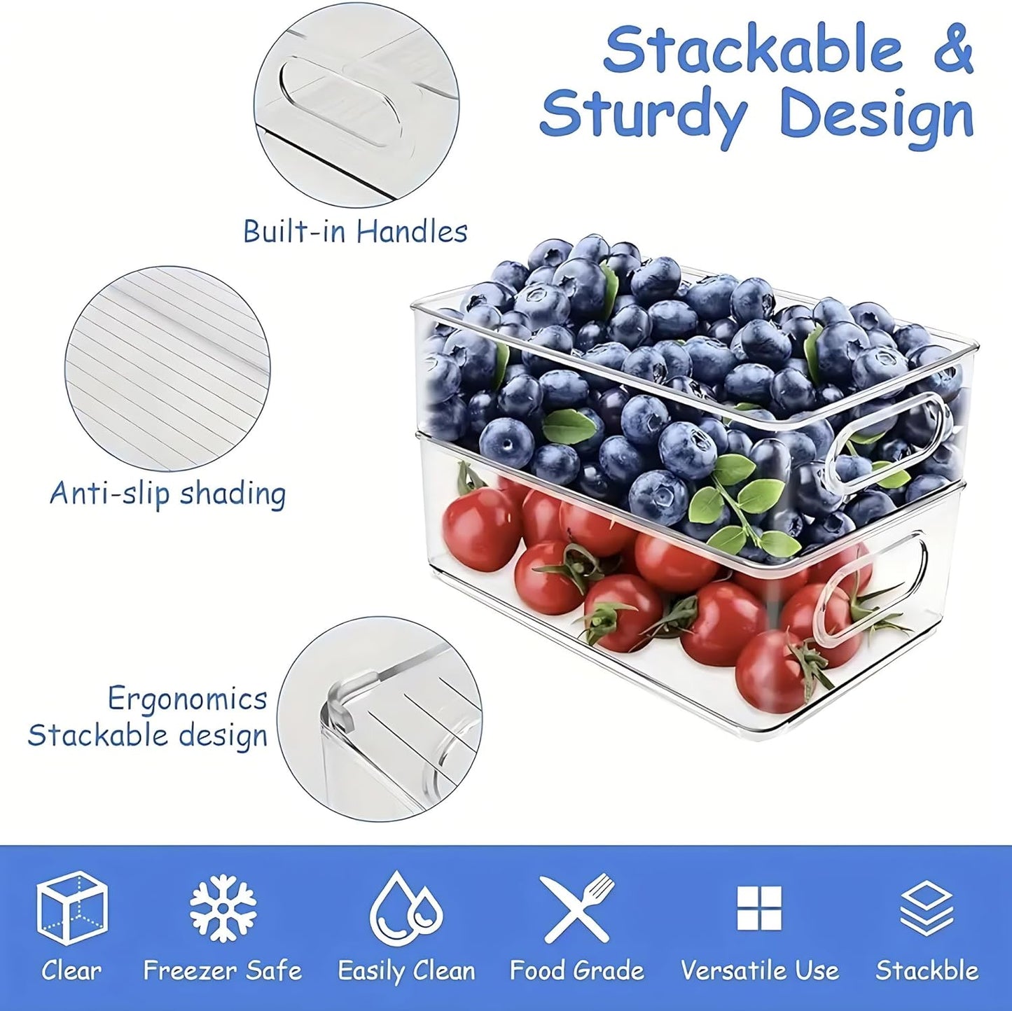 6 Pack Refrigerator Organizer Bins,3 Sizes Clear Pantry Storage with Handles and 30 PCS Plastic Bags for Fridge, Freezer, Shelves, Drawer, Bins, Snack Organizer for Home & Kitchen