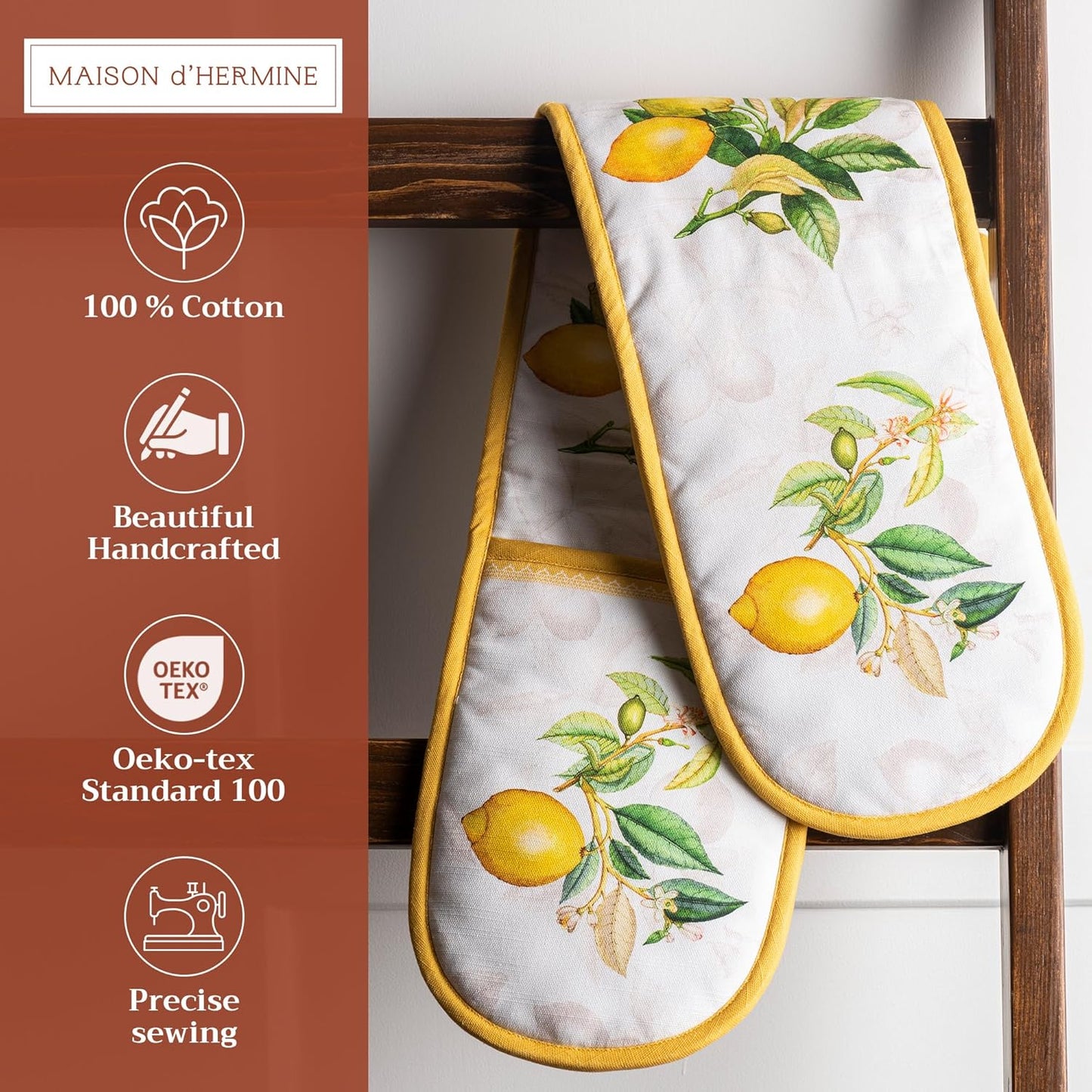 Maison d' Hermine Double Oven Mitts 100% Cotton 7"x35" Double Oven Mitt Heat Resistant BBQ Cooking Gloves with Loop, Baking, Grilling, Home, Kitchen, Handling Hot Pans Spring Summer (Limoncello)