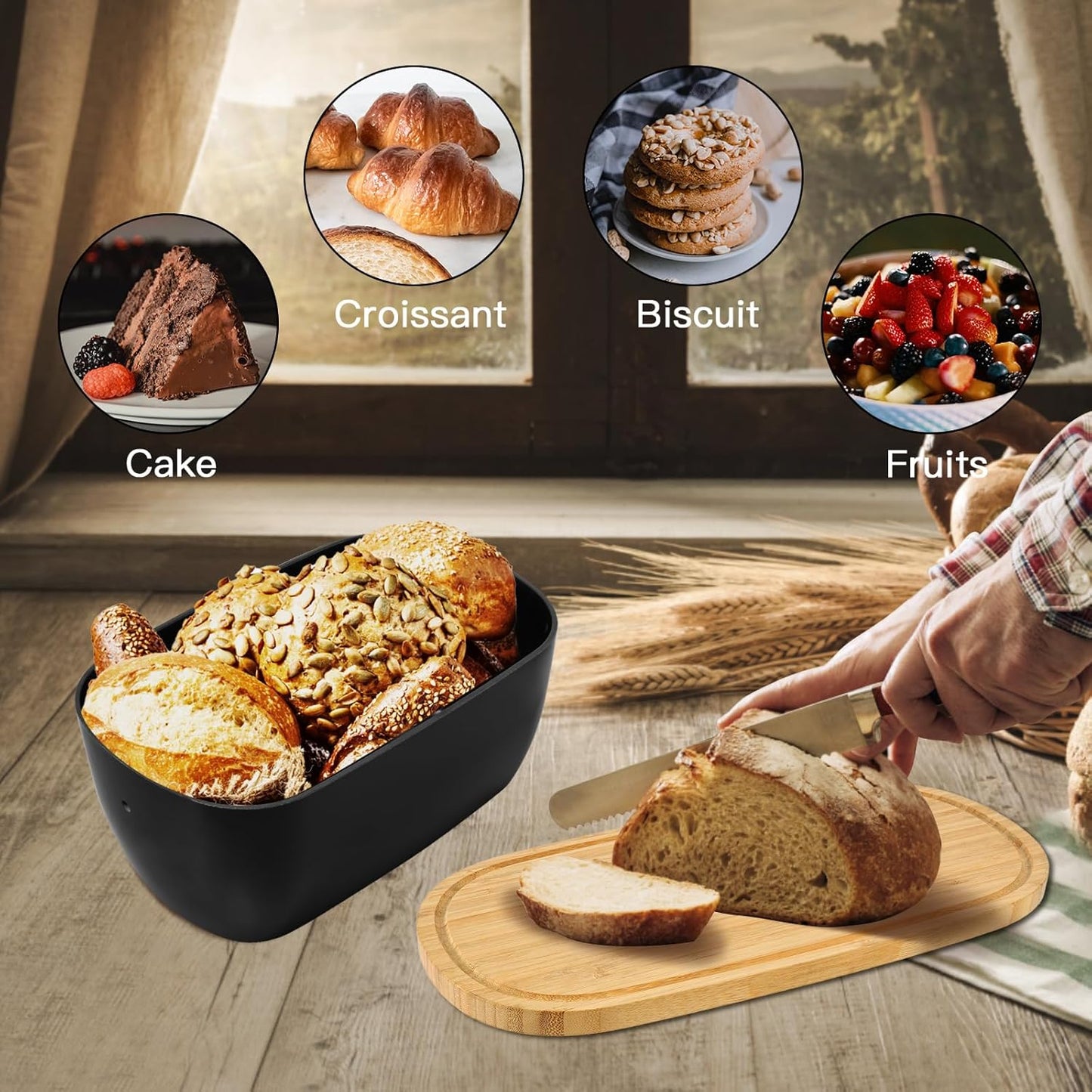 Bread Box for Kitchen Countertop - Bamboo Fiber Bread Bin with Reversible Cutting Board Lid, Juice Groove - Ventilated, Multi-Functional Storage Keeper for Freshness (14.2x7.8x5.5In, Black)