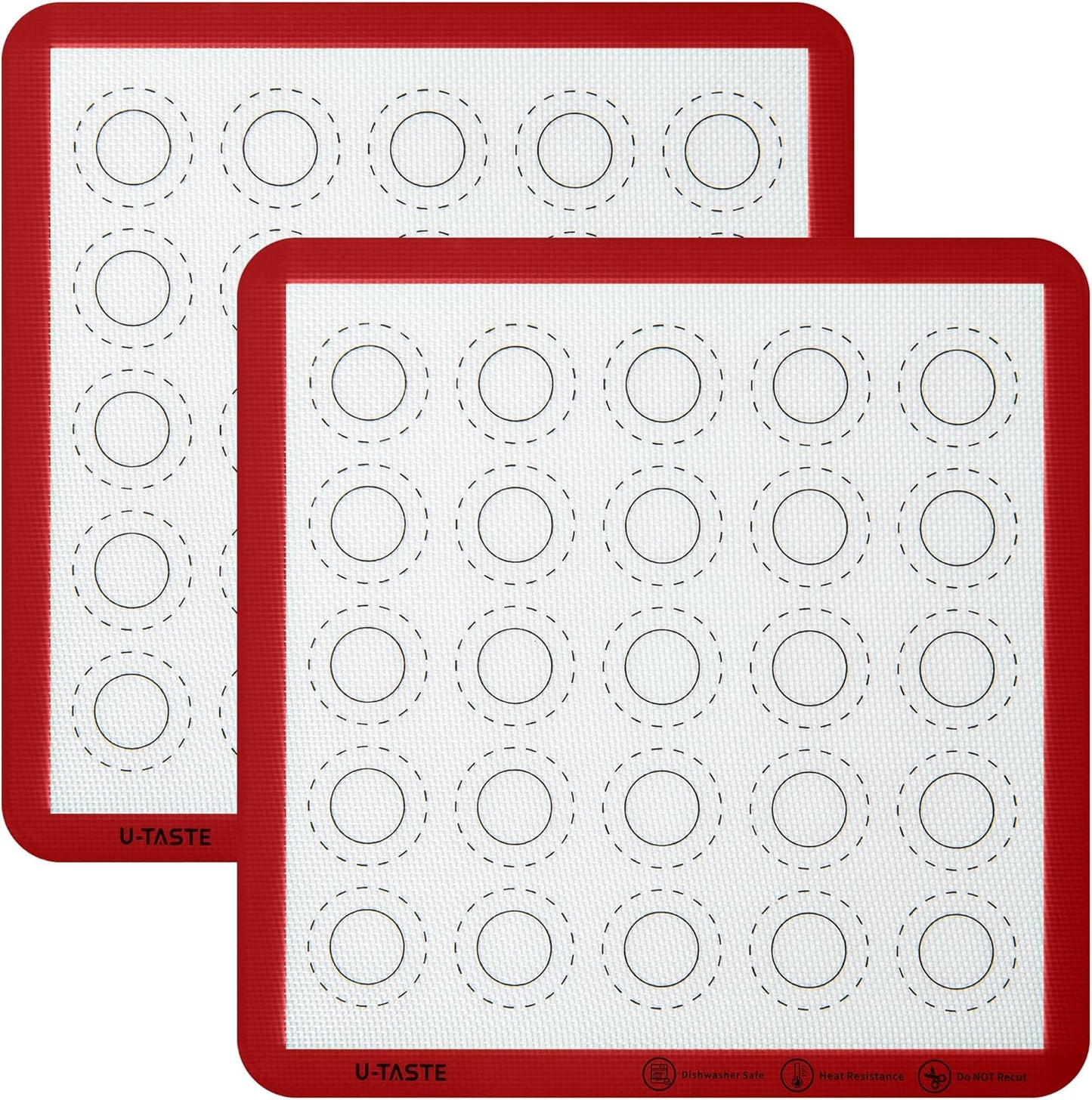 446ºF Heat Resistant Macaron Mat: U-Taste 11x11in Non Stick Silicone Baking Mat, Reusable Cookies Pastry Sheet Liner with Edge Enhancement & Circle Measurement for Square Cake Pan (2 PCS, Red)