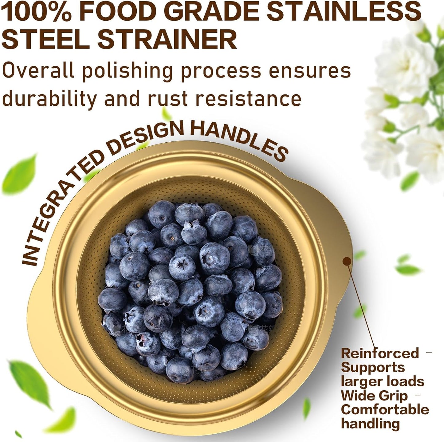 Stainless Steel Strainers for Kitchen, Stainless Steel Colander, Kitchen Strainer for Pasta Fruits Vegetables, 3 Pack Strainers and Colanders(2QT, 3QT, 5QT), Rust-Proof & Dishwasher Safe, Gold