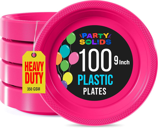 Exquisite Party Solids Hot Pink Plastic Plates For Party 9" Hot Pink Disposable Plates Heavy Duty Supplies 100 Pcs Plastic Dinnerware Sets Heavy Duty 350 GSM Disposable Dinnerware Set