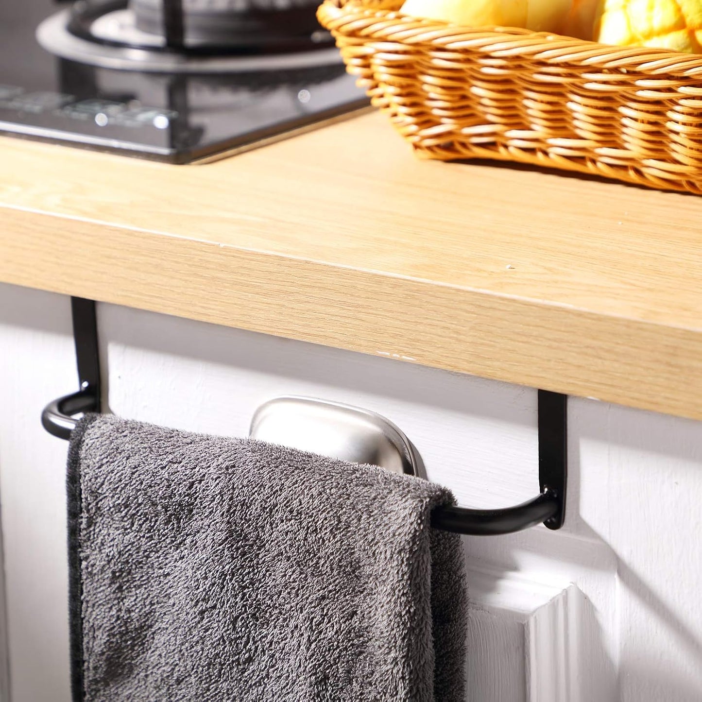 2 Pieces Metal Towel Bar Kitchen Cabinet Steel Towel Rack Bar for Hanging on Inside or Outside of Doors, Home Kitchen Bathroom(Black)