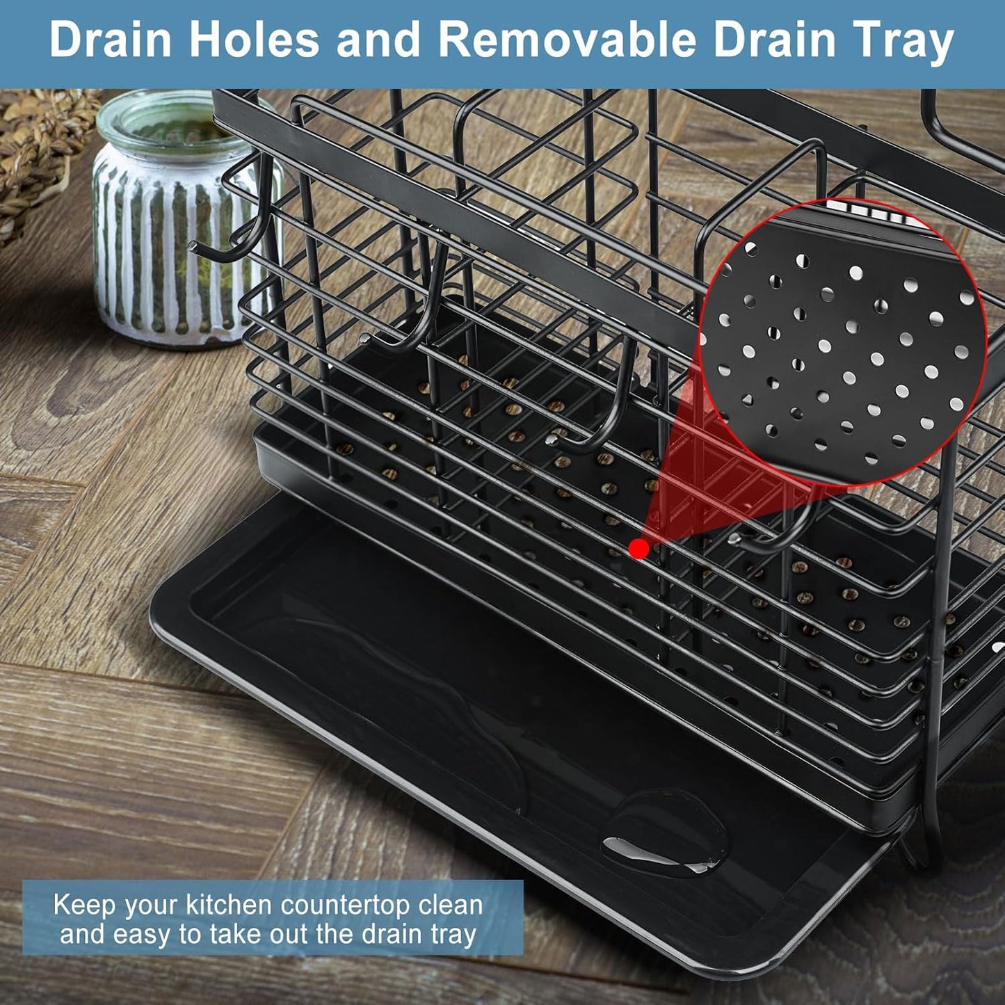 Utensil Holder, Stainless Steel Utensil Drying Rack with Drain Tray, Kitchen Counter Drainer Basket Silverware Cutlery Flatware Holder Forks, Knives, Spoons, Chopsticks Organizer (Black)