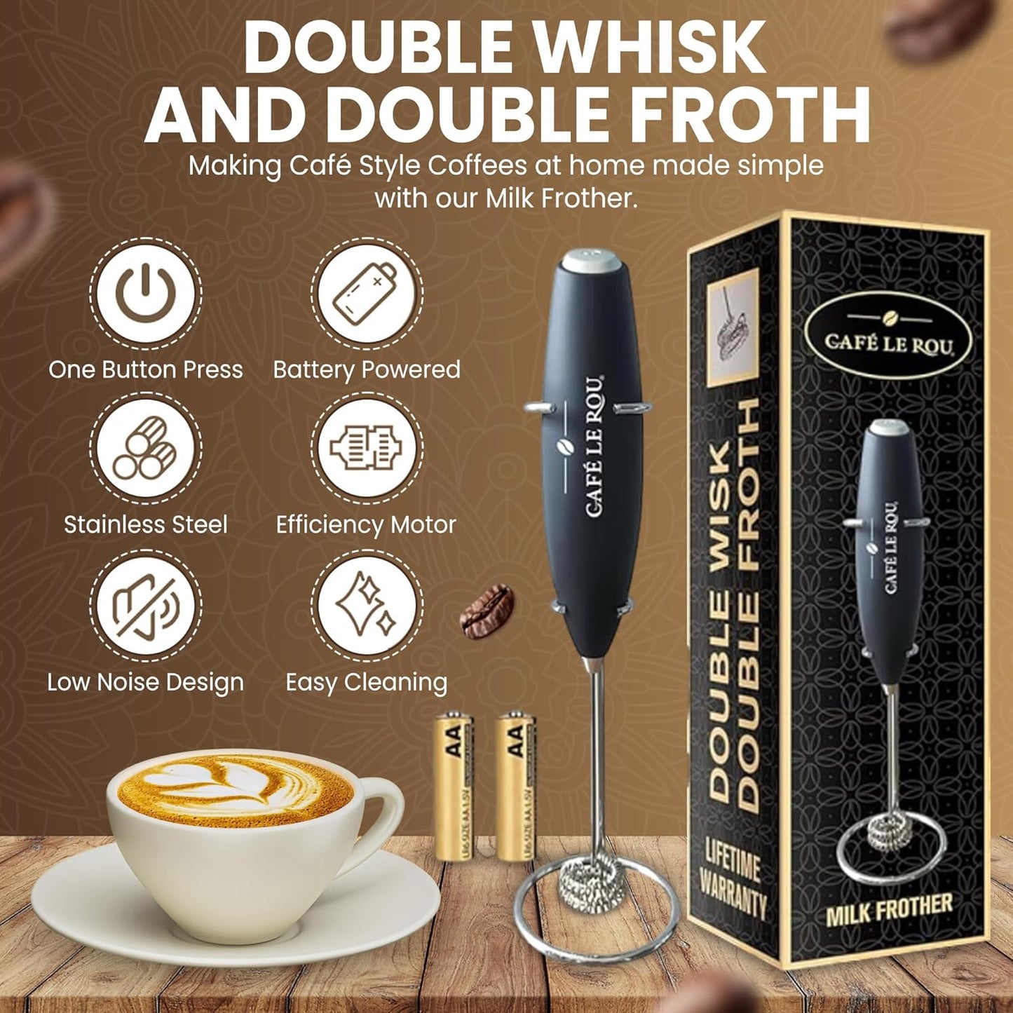 Cafe le Rou Milk Frother Handheld Battery Operated - Double Whisk with Stand. Batteries included. Electric Foam Maker, Drink Mixer with Stainless Steel Whisk