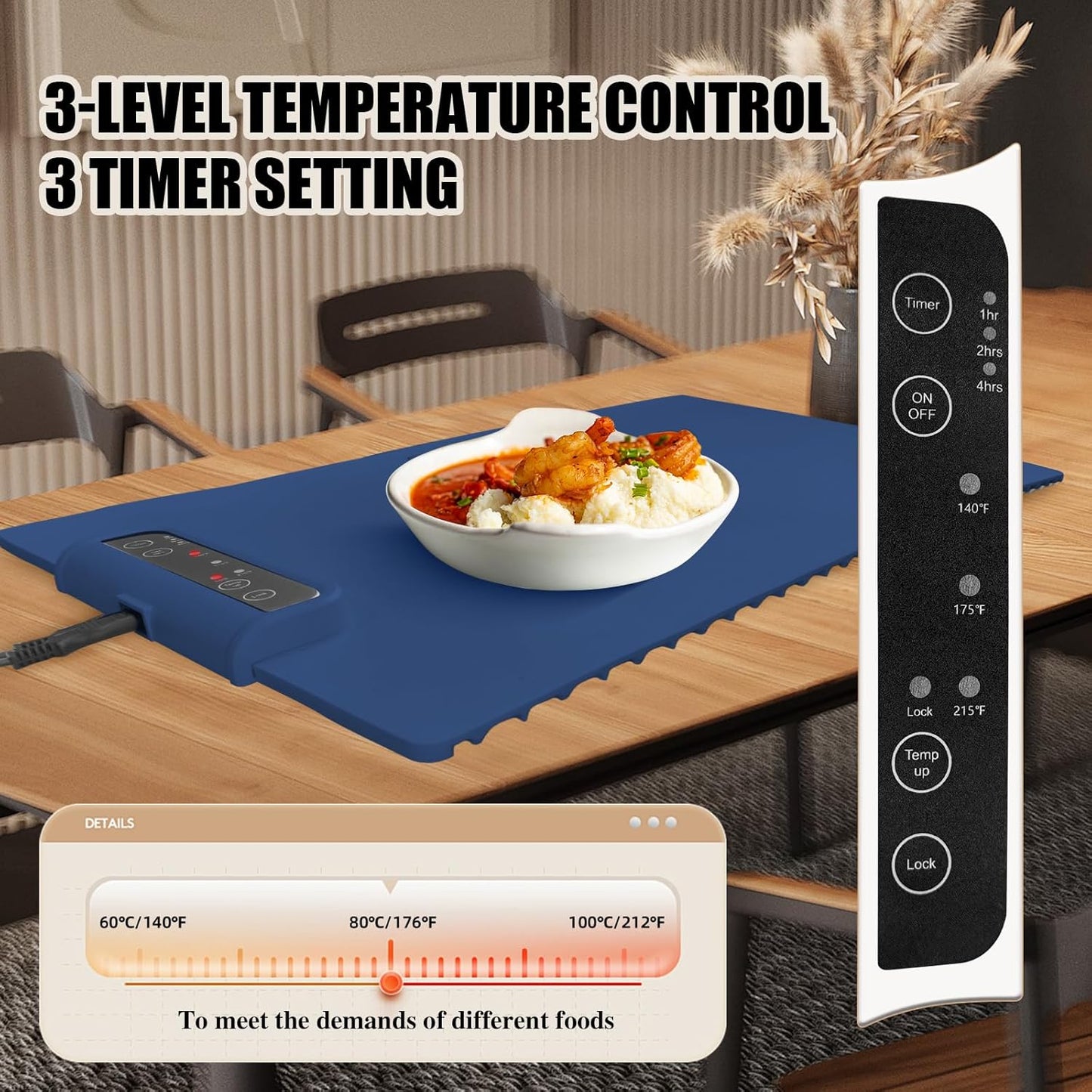 Food Warming Mat,Portable Food Warmer Full Surface Heating,Rapid Heating Electric Warming Tray for Parties|Gatherings,Warming Mat with Auto Shut Off,3 Temperature Controls,Easy to Use