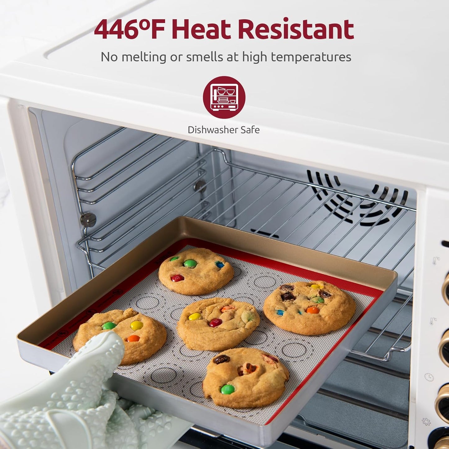 446ºF Heat Resistant Macaron Mat: U-Taste 11x11in Non Stick Silicone Baking Mat, Reusable Cookies Pastry Sheet Liner with Edge Enhancement & Circle Measurement for Square Cake Pan (2 PCS, Red)