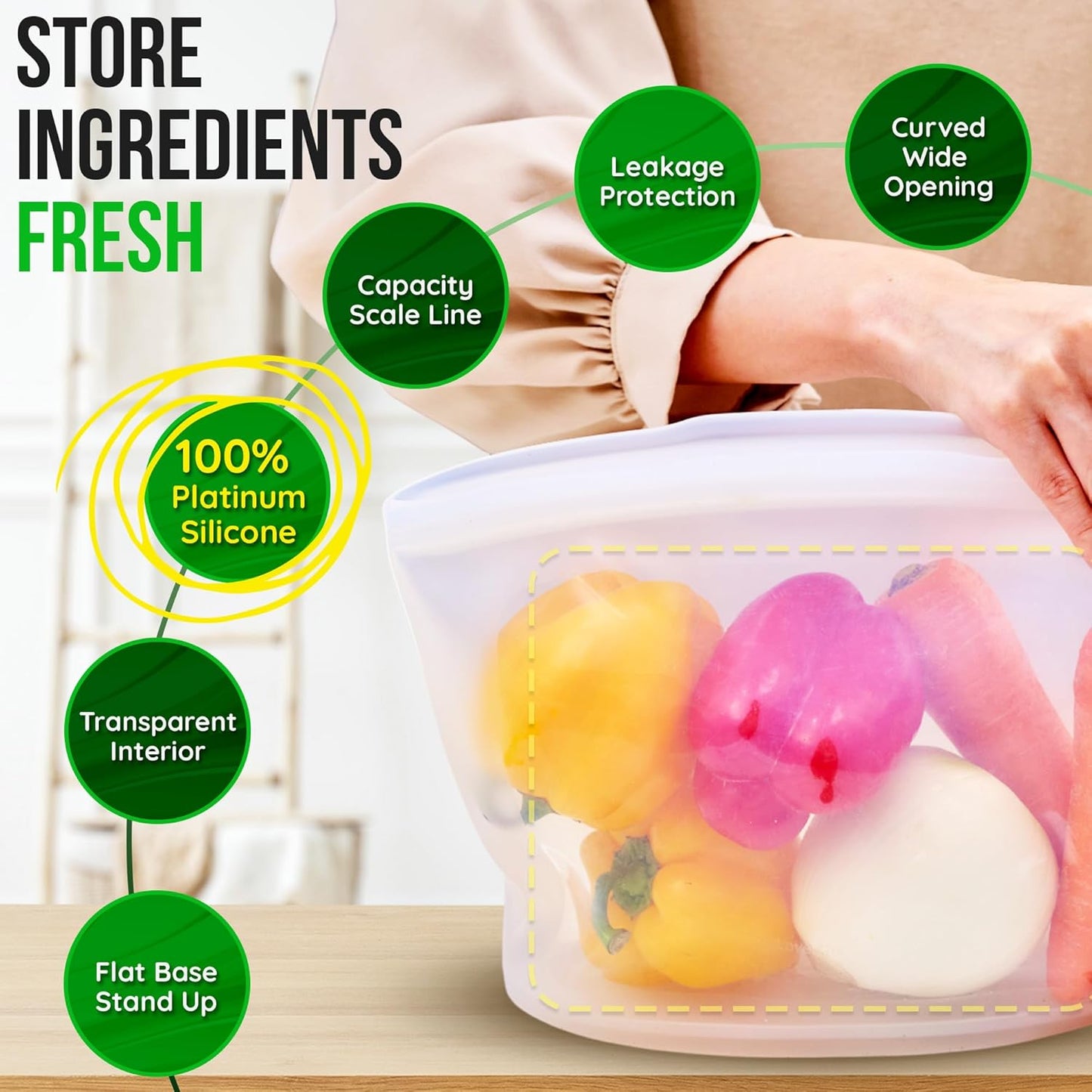 Reusable Silicone Food Storage Bags 6.3Cup (53oz), Airtight Food Storage Containers Food Grade Silicone Snack Bags, BPA Free Food Storage Container, Microwave Safe, Sous Vide Container, White