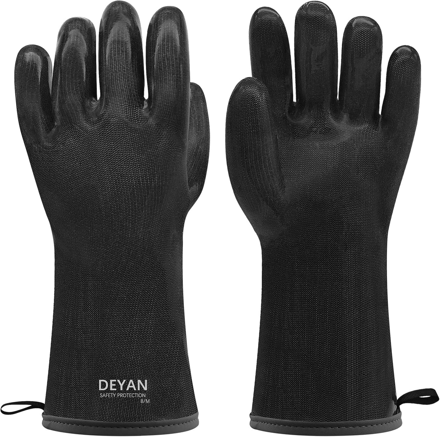 DEYAN Silicone BBQ & Oven Gloves - Food Grade, Heat Resistant Waterproof & Oil Proof Gloves for Grilling, Baking, Frying, Cooking - Long Sleeve & Non-Slip Grip, 1 Pair(Black, 10/XL)