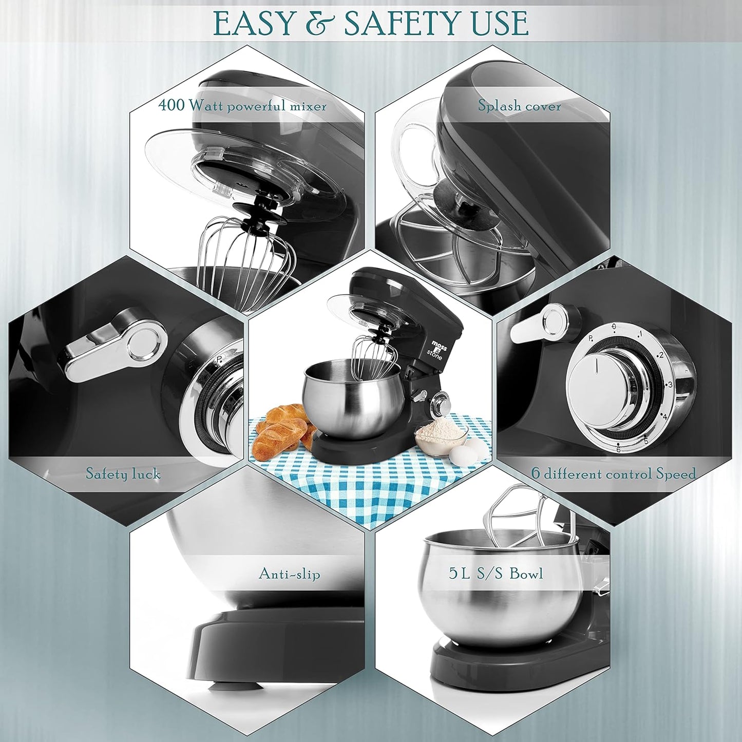 Moss & Stone Black Stand Mixer, 6 Speed Electric Mixer With 5.5 Quart Stainless Steel Mixing Bowl, Black Body Kitchen Mixer With Dough Hook, Egg Whisk, Beater & Baking Spatula, Classic Food Mixer