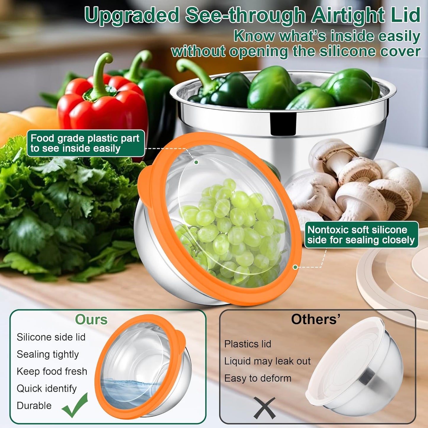 E-far Mixing Bowls with Lids and Graters, Stainless Steel Salad Mixing Bowl with Transparent Lid Set of 3, Metal Nesting Salad Storage for Kitchen Prepping/Serving/Baking, 4.6/2.6/1.5QT - Colorful