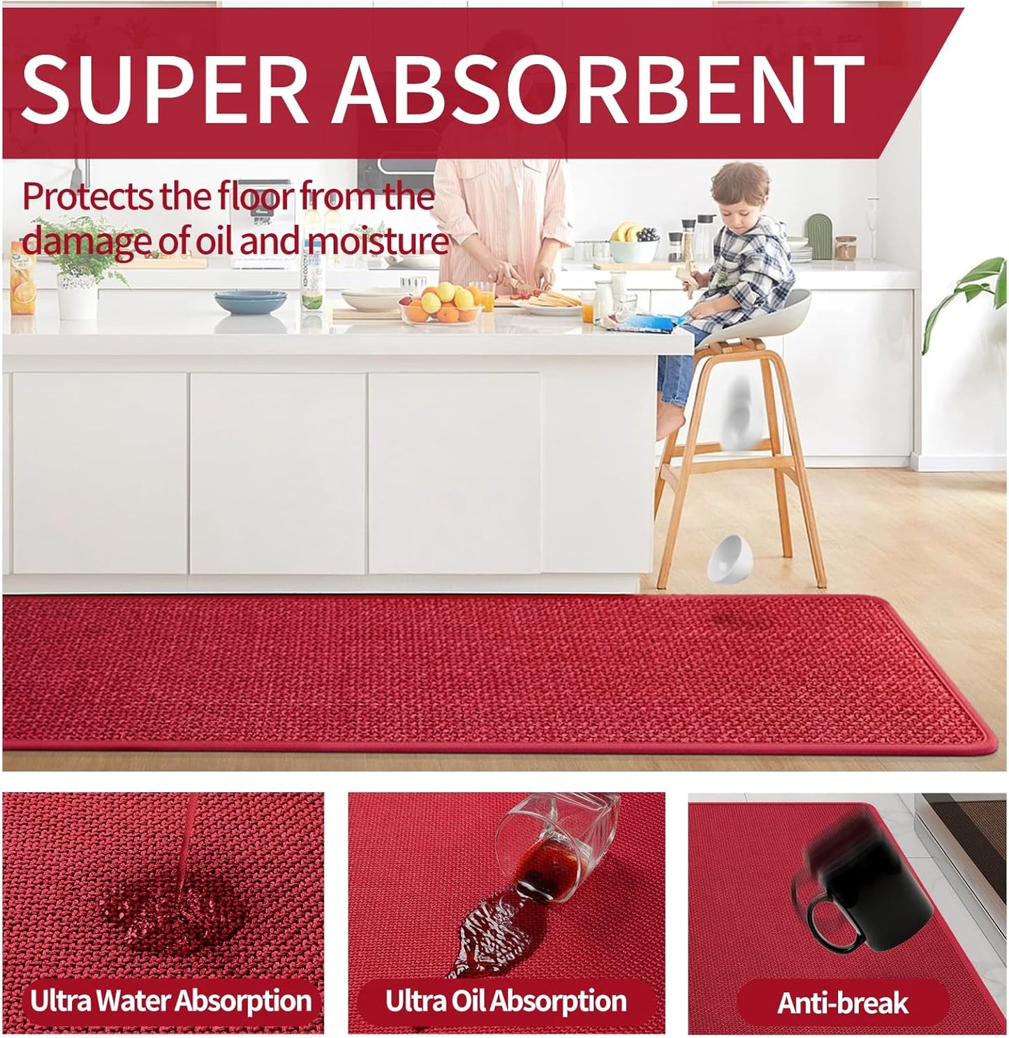 Kitchen Mats for Floor, Super Absorbent Kitchen Rugs Non Slip Washable, Soft Imitation Linen Braided Kitchen Runner Rug, Standing Mat Sink Mat, Easy to Clean, Red 17x30