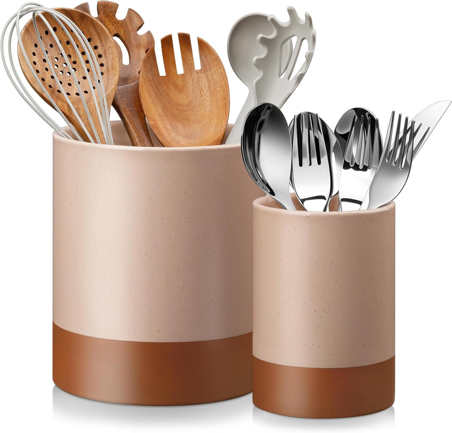 MALACASA Utensil Holder, 7.3"+5.5" Ceramic Kitchen Utensil Holder for Countertop, Large Cooking Utensil Crocks for Kitchen Counter, Farmhouse Utensils Organizer, Set of 2, Khaki Pink, Series TARA
