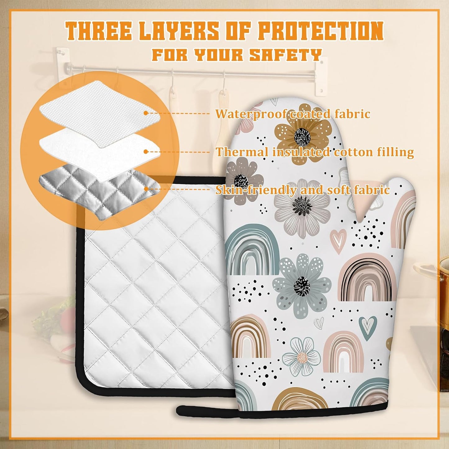 Cute Rainbows Oven Mitts and Pot Holders,Boho Floral Flowers Heat Resistant Oven Mitts Gloves and Pot Holder for Home Kitchen Decorations Cooking Baking BBQ Gifts,Set of 4