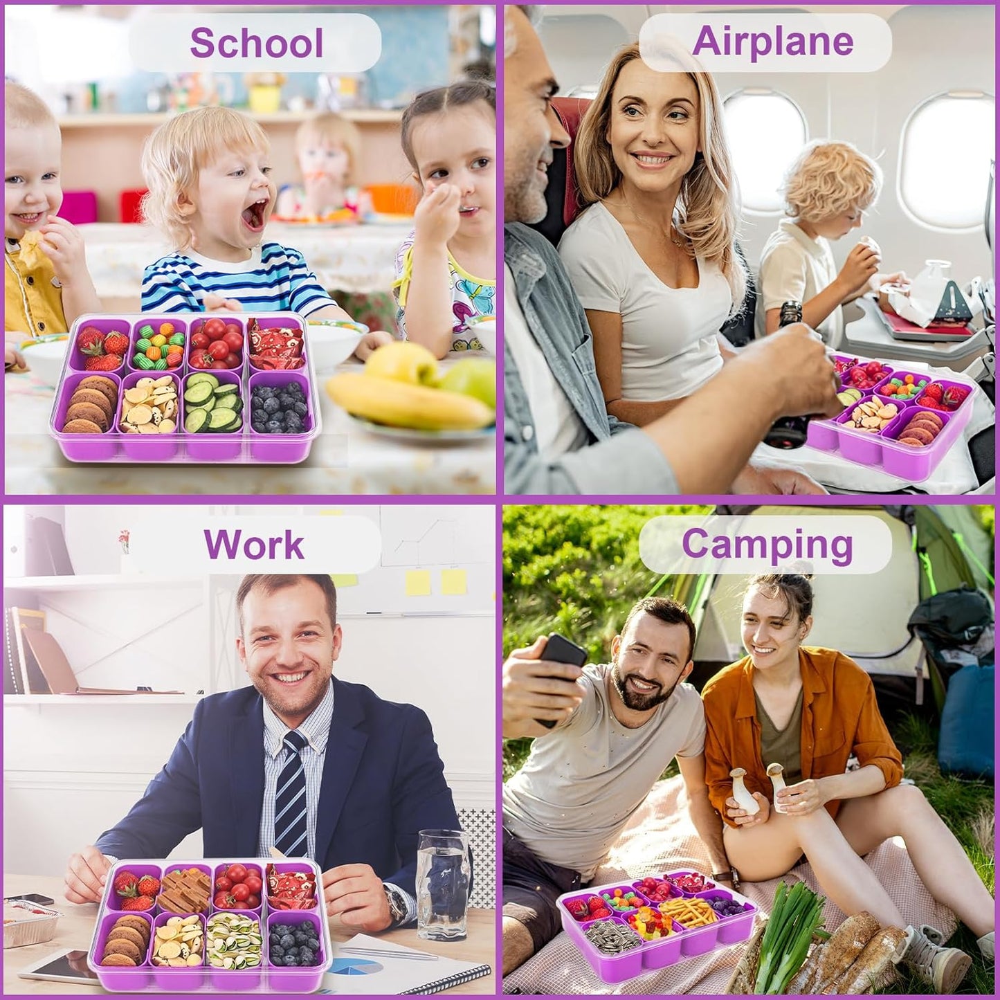 shopwithgreen 2Pcs Snackle Box Container, Divided Serving Tray with Lid and Handle, Snack Box Container Food Platter Charcuterie for Party, Veggies, Snack, Fruit, Nuts, Entertaining, Picnic,Purple