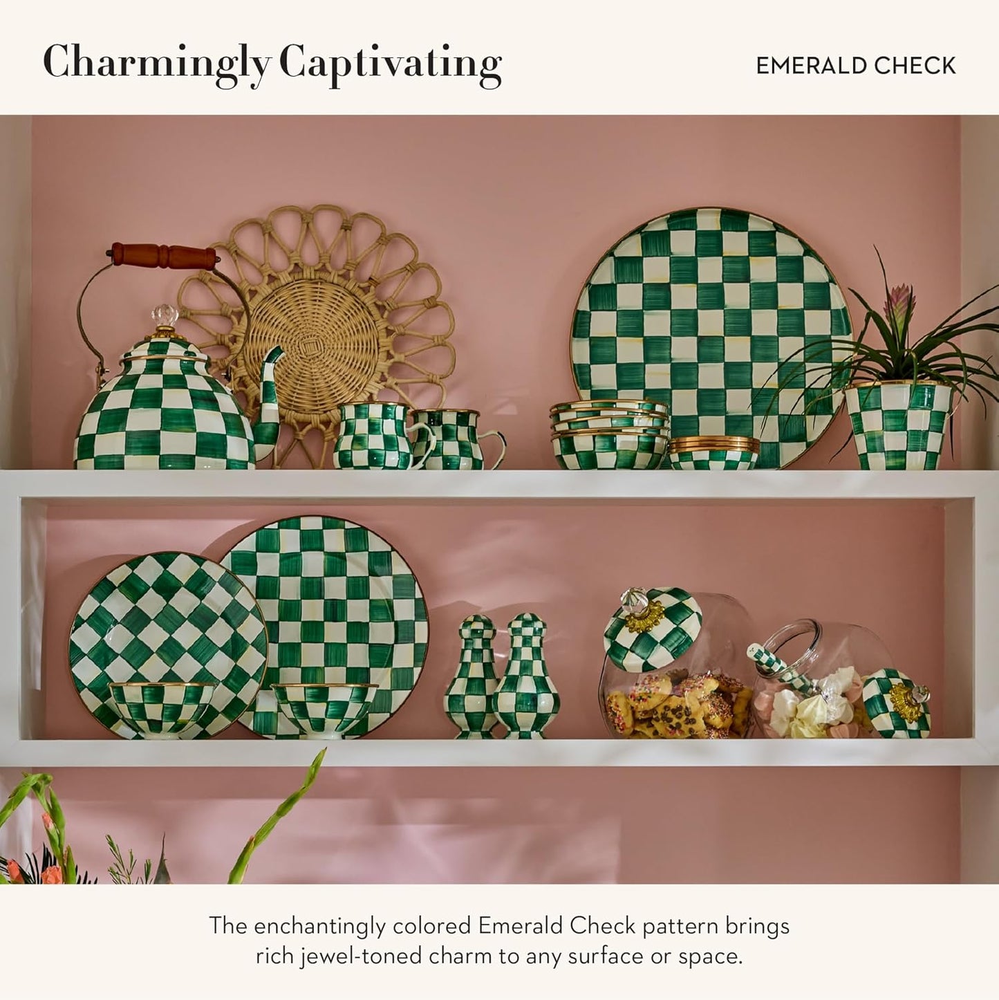 MACKENZIE-CHILDS Enamel Serving Platter, Decorative Serving Platter for Food, 16 Inches, Green-and-White Emerald Check